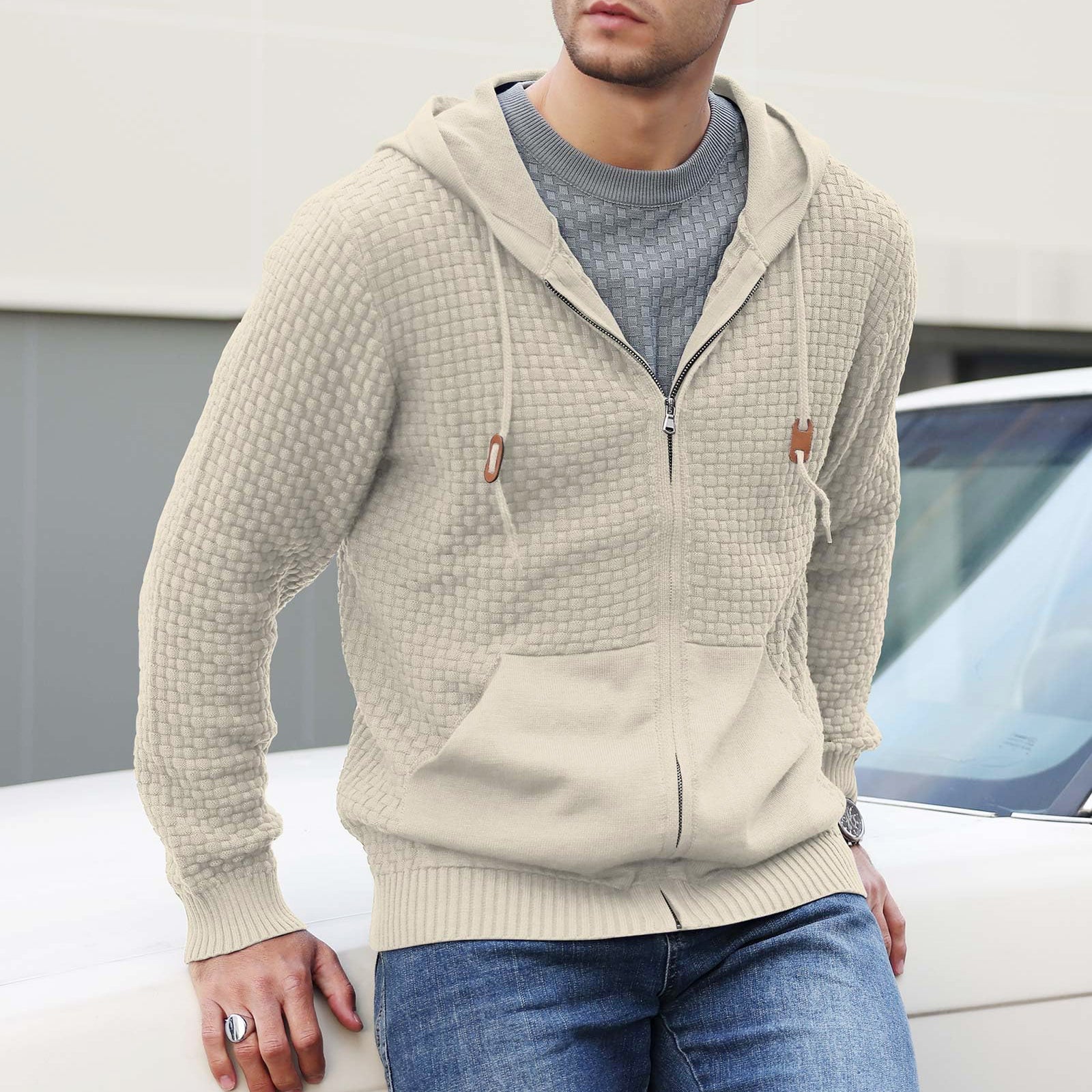 Derek - Men's Textured Knit Zip-Up Hoodie
