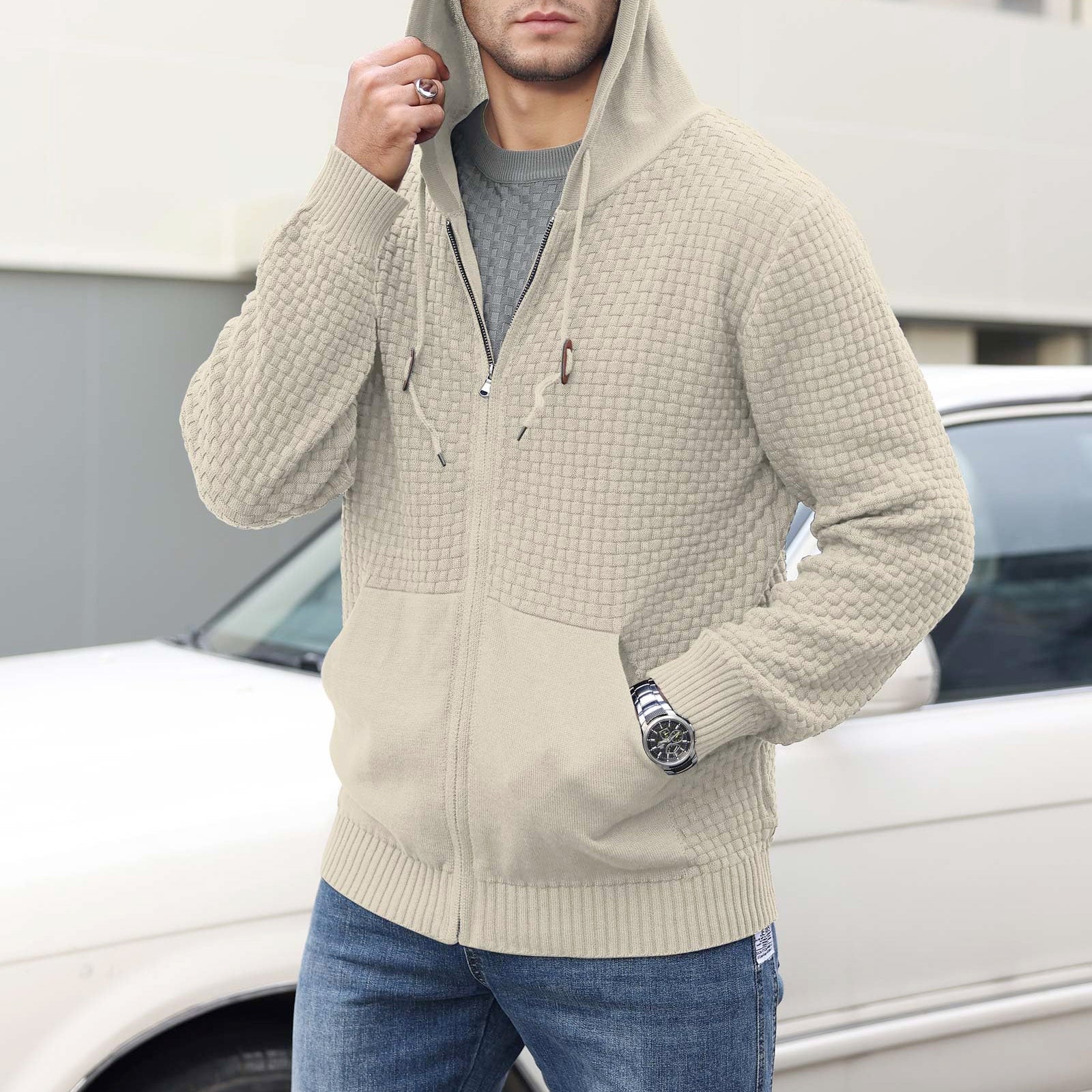 Derek - Men's Textured Knit Zip-Up Hoodie