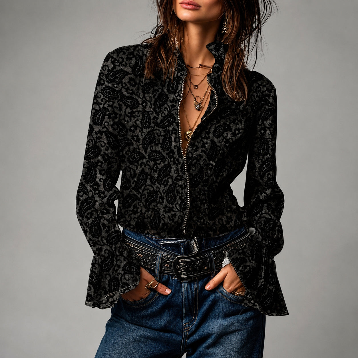 Dianne - Women's Paisley Stand Collar Zip-Up Blouse