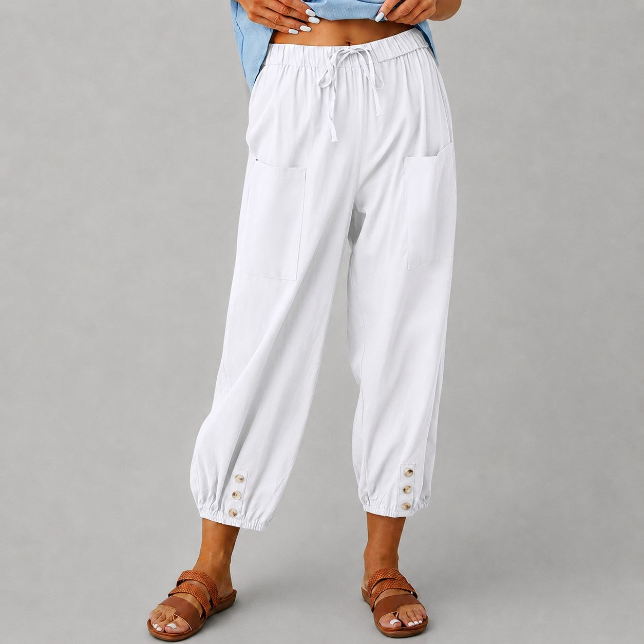 Donna - Women's Drawstring Button Cuff Linen Pants