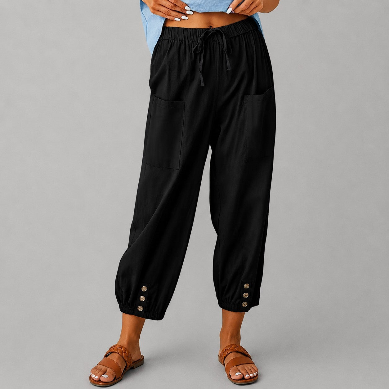 Donna - Women's Drawstring Button Cuff Linen Pants