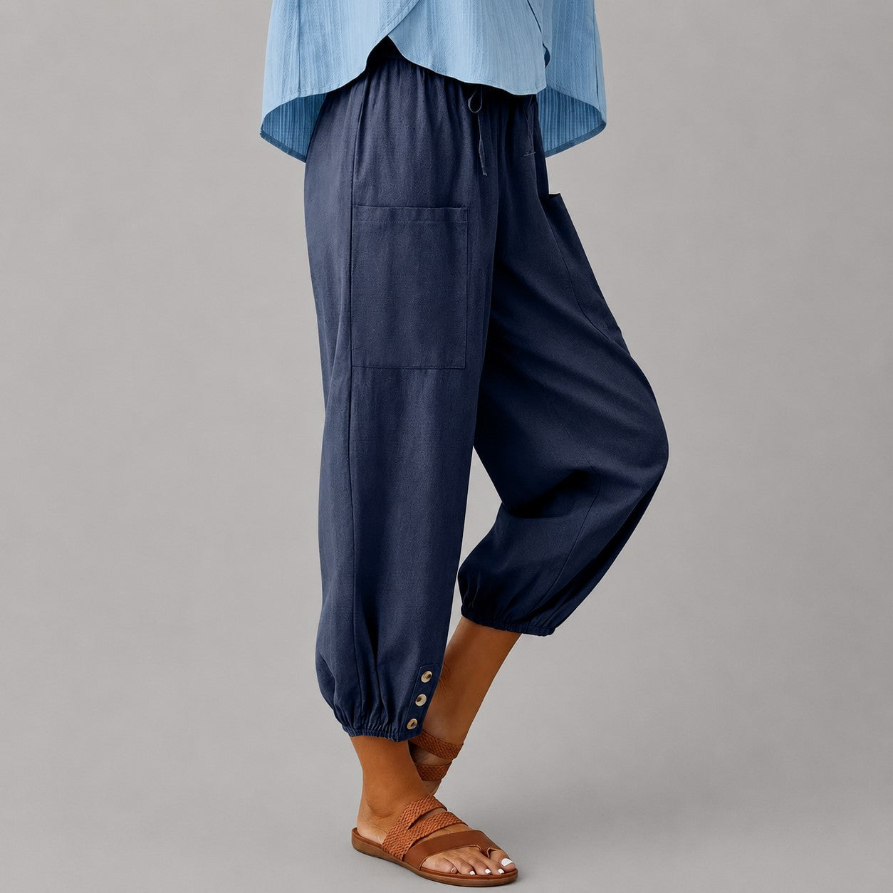 Donna - Women's Drawstring Button Cuff Linen Pants