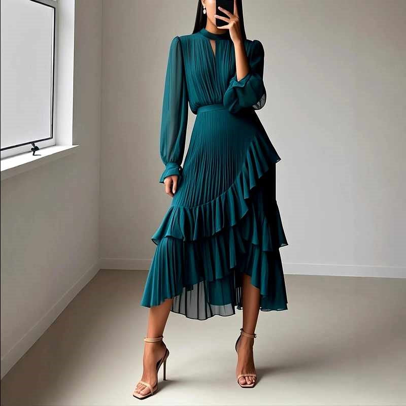 Dulce - Women's Solid Ruffle Pleated Calf-length Dress