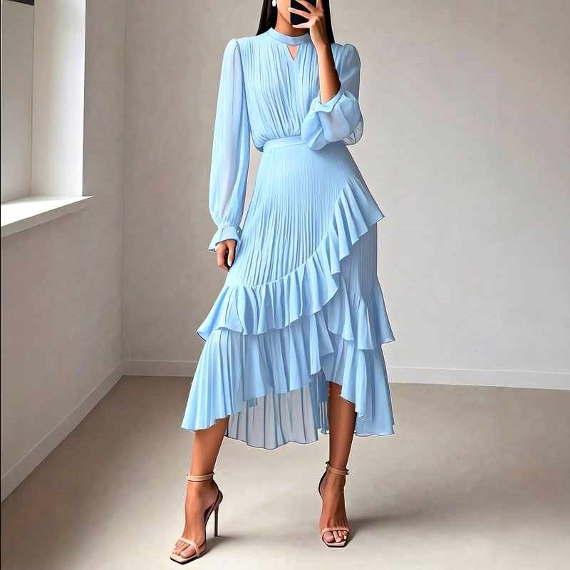 Dulce - Women's Solid Ruffle Pleated Calf-length Dress