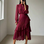 Dulce - Women's Solid Ruffle Pleated Calf-length Dress
