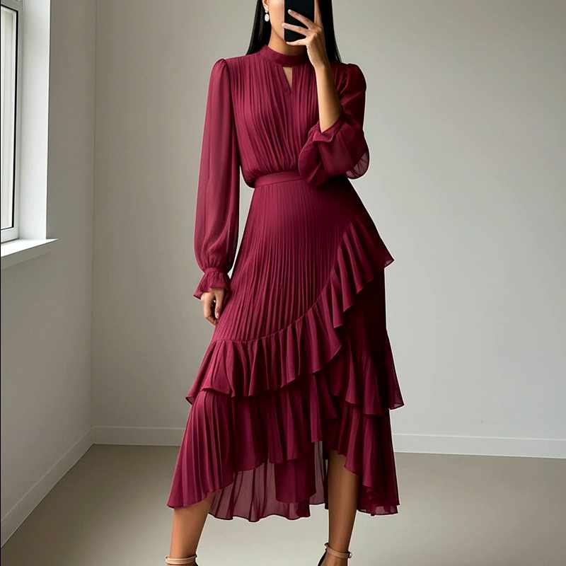 Dulce - Women's Solid Ruffle Pleated Calf-length Dress