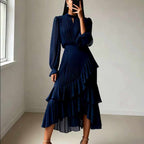 Dulce - Women's Solid Ruffle Pleated Calf-length Dress