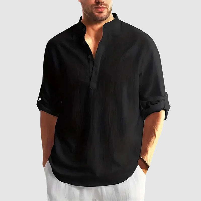 Dylan -  Men's Linen Stand Collar Henley Long Sleeve Shirt