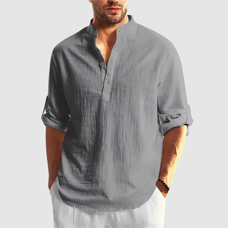 Dylan -  Men's Linen Stand Collar Henley Long Sleeve Shirt