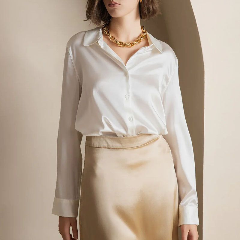 Elaine - Women's Satin Long-Sleeve Button-Up Shirt