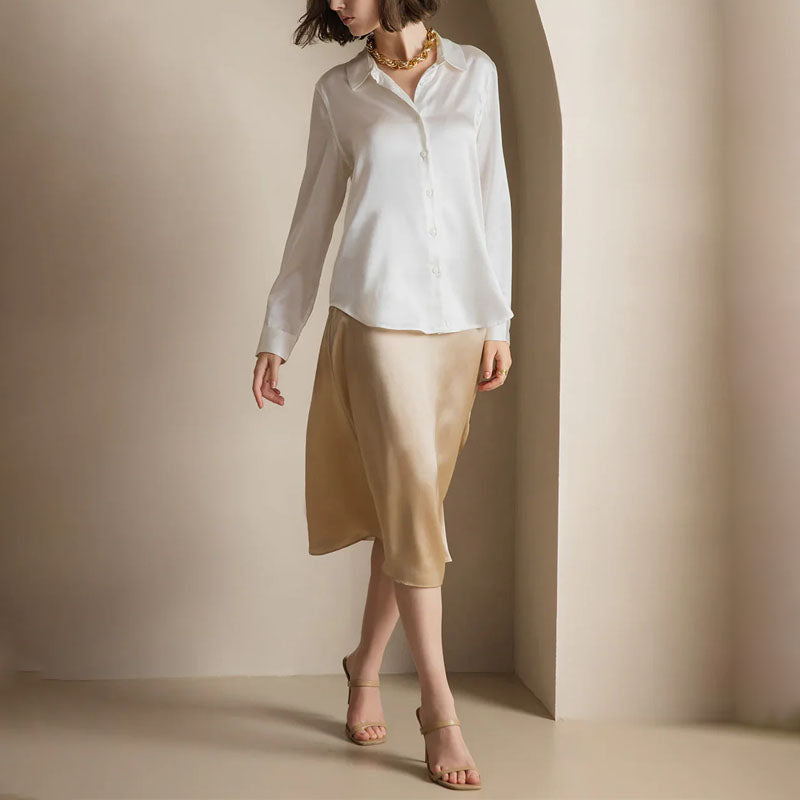 Elaine - Women's Satin Long-Sleeve Button-Up Shirt