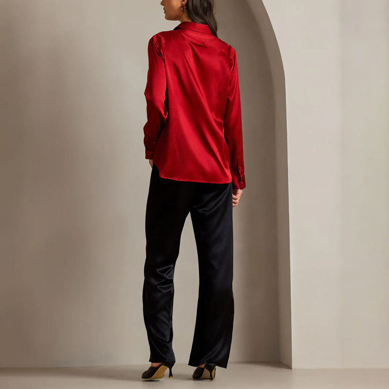 Elaine - Women's Satin Long-Sleeve Button-Up Shirt