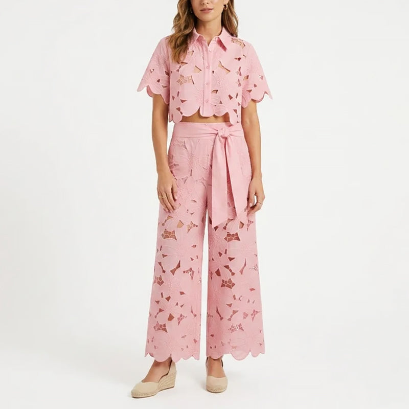 Elena - Women's Lace Cropped Wide Leg Matching Set