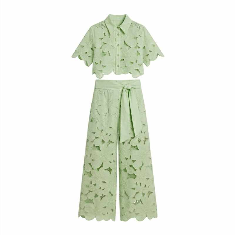 Elena - Women's Lace Cropped Wide Leg Matching Set