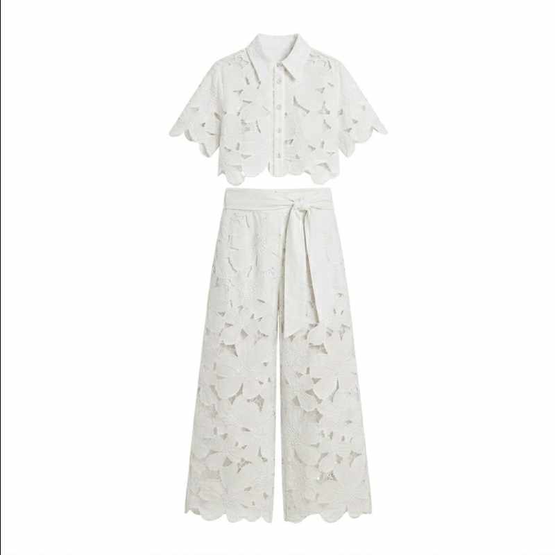 Elena - Women's Lace Cropped Wide Leg Matching Set