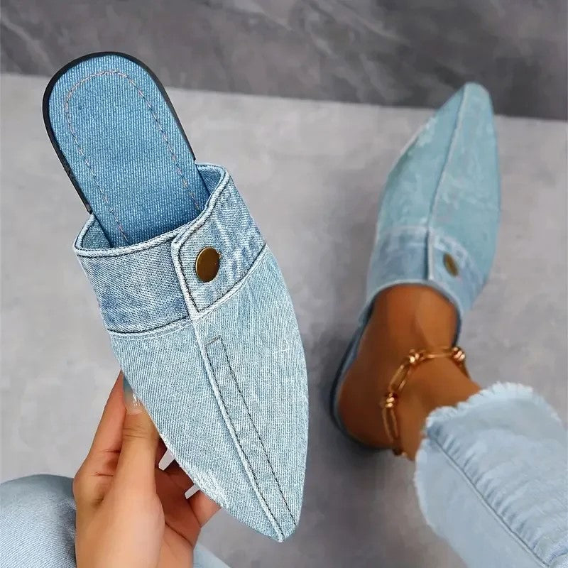 Eliza - Women's Jean Cloth Button-Accent Slip-On Flats