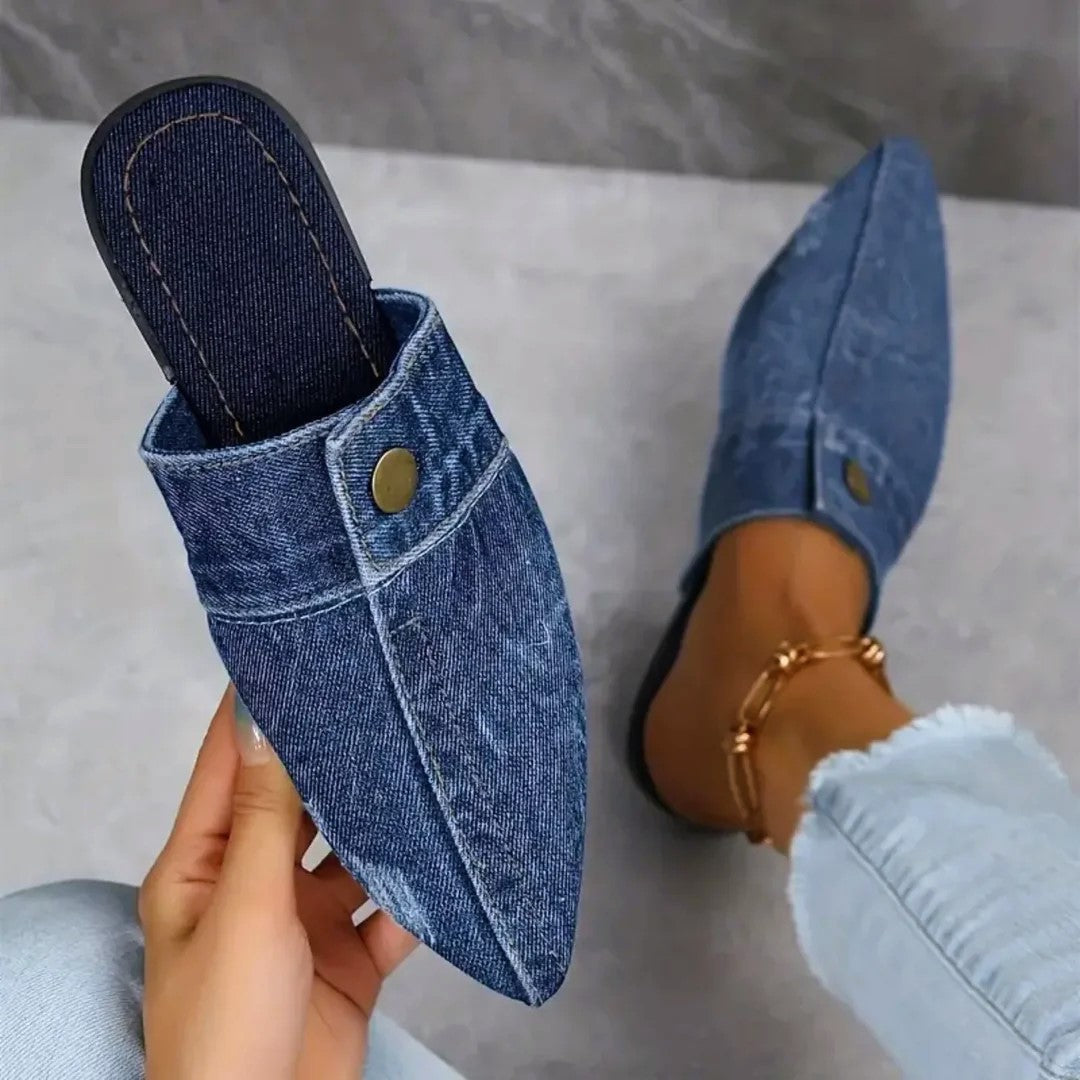 Eliza - Women's Jean Cloth Button-Accent Slip-On Flats