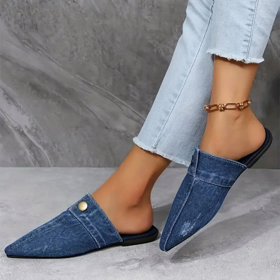 Eliza - Women's Jean Cloth Button-Accent Slip-On Flats