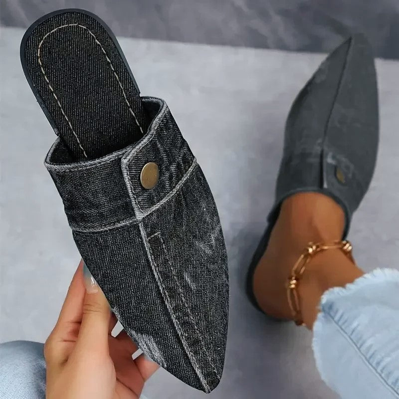 Eliza - Women's Jean Cloth Button-Accent Slip-On Flats