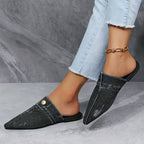 Eliza - Women's Jean Cloth Button-Accent Slip-On Flats