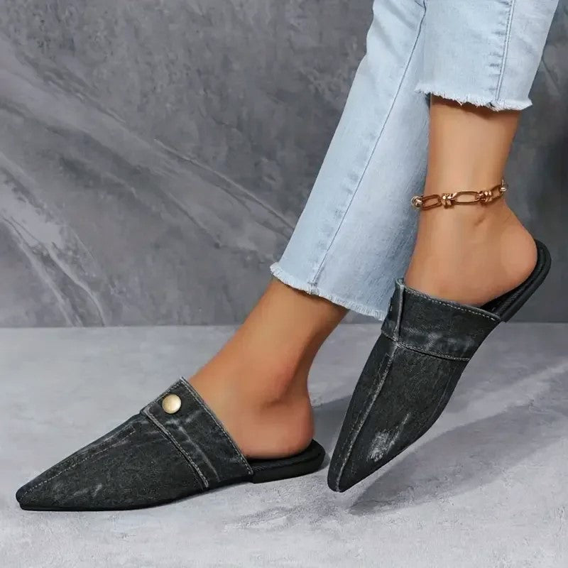 Eliza - Women's Jean Cloth Button-Accent Slip-On Flats