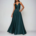 Eloise - Women's Satin Faux-Wrap Maxi Dress with Side Slit