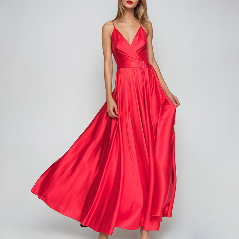 Eloise - Women's Satin Faux-Wrap Maxi Dress with Side Slit