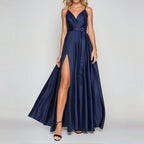 Eloise - Women's Satin Faux-Wrap Maxi Dress with Side Slit