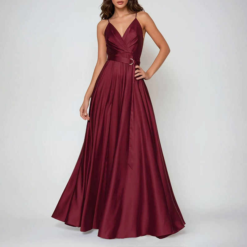 Eloise - Women's Satin Faux-Wrap Maxi Dress with Side Slit