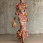 Elora - Women's Mock-Neck Floral Puff-Sleeve Midi Dress