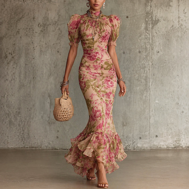Elora - Women's Mock-Neck Floral Puff-Sleeve Midi Dress