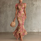 Elora - Women's Mock-Neck Floral Puff-Sleeve Midi Dress