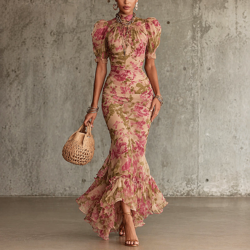Elora - Women's Mock-Neck Floral Puff-Sleeve Midi Dress