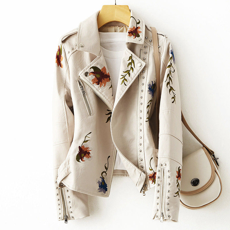 Elsie - Women's Floral Embroidered Leather Moto Jacket