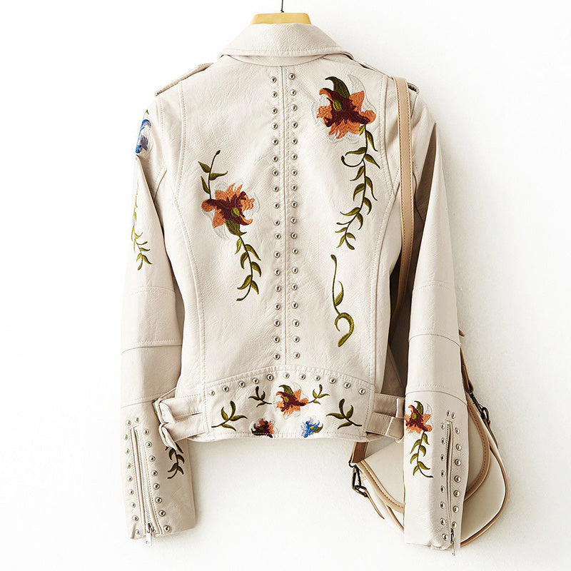Elsie - Women's Floral Embroidered Leather Moto Jacket