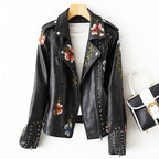 Elsie - Women's Floral Embroidered Leather Moto Jacket