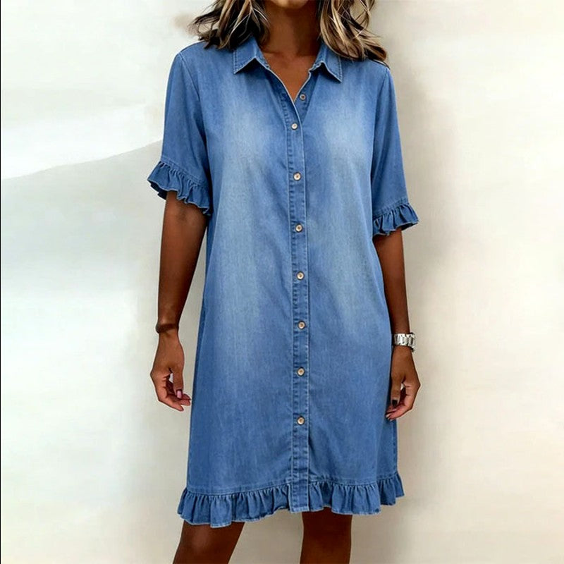 Elspeth - Women’s Denim Button-Front Midi Dress
