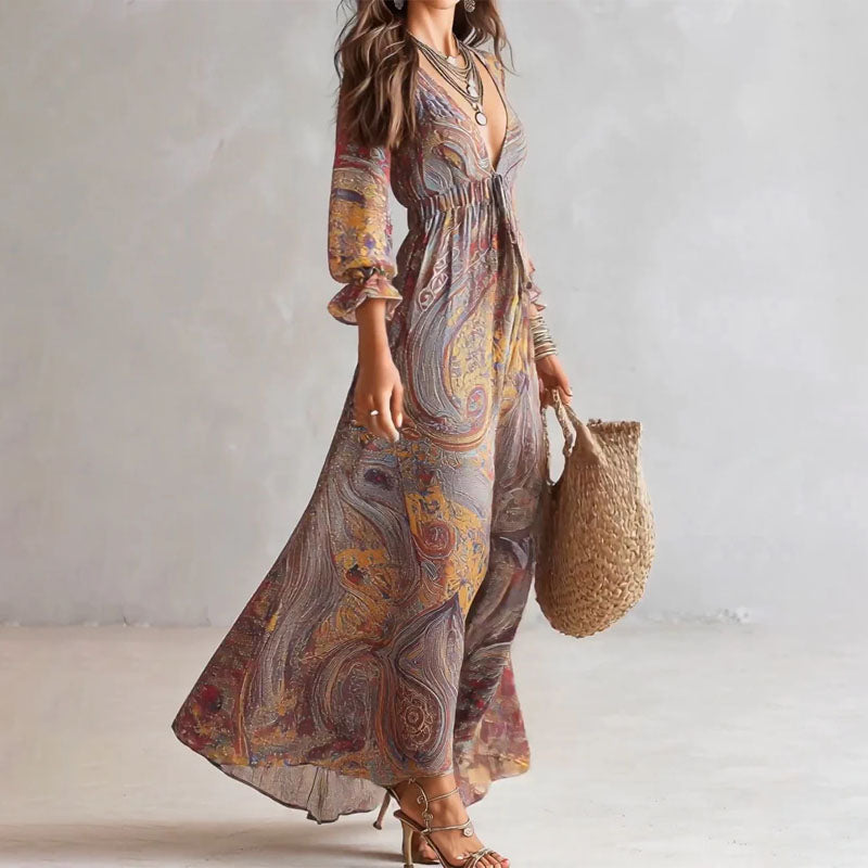 Emelia - Women's Paisley Print Tie-Front Maxi Dress
