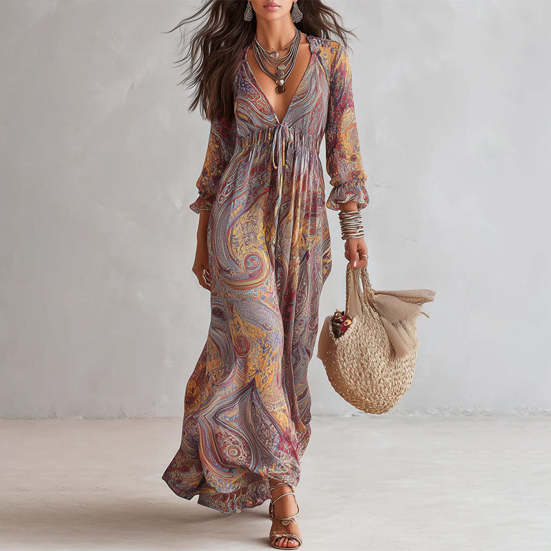 Emelia - Women's Paisley Print Tie-Front Maxi Dress