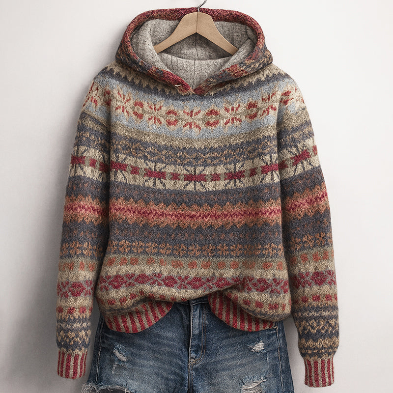 Emilia - Women's Fair Isle Pattern Knit Pullover Hoodie