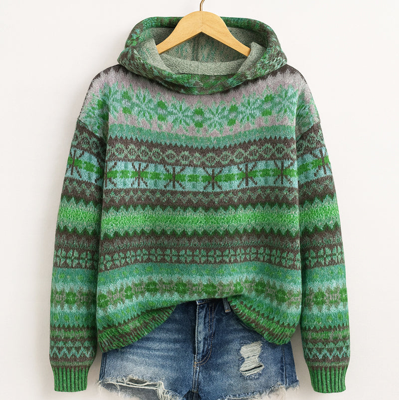 Emilia - Women's Fair Isle Pattern Knit Pullover Hoodie