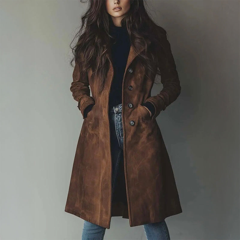 Emma - Women's Button Front Longline Suede Coat