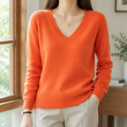 Emory - Women's V-Neck Knit Sweater with Ribbed Trim