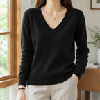 Emory - Women's V-Neck Knit Sweater with Ribbed Trim