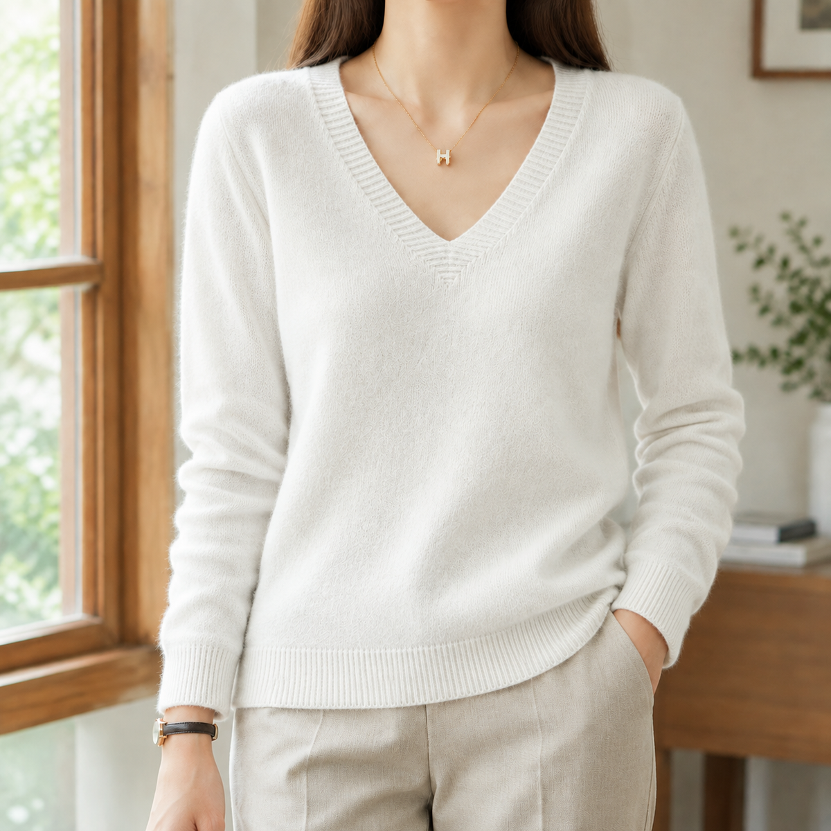 Emory - Women's V-Neck Knit Sweater with Ribbed Trim