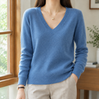 Emory - Women's V-Neck Knit Sweater with Ribbed Trim