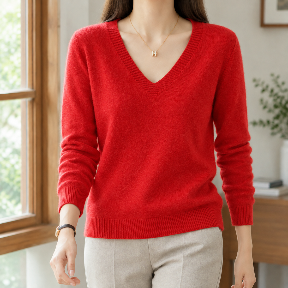 Emory - Women's V-Neck Knit Sweater with Ribbed Trim