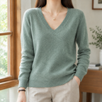 Emory - Women's V-Neck Knit Sweater with Ribbed Trim