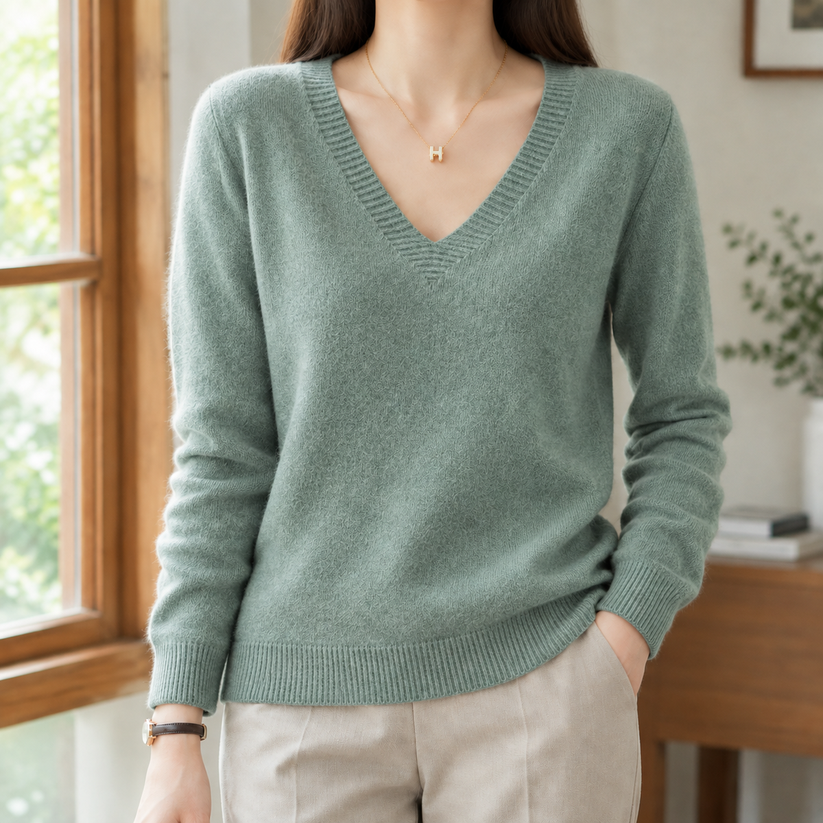 Emory - Women's V-Neck Knit Sweater with Ribbed Trim