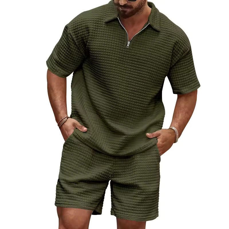 Enzo -  Men's Waffle-Knit Quarter-Zip Polo and Shorts Set